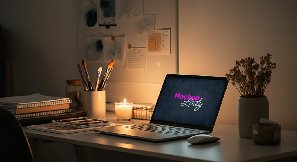 FREE Laptop Mockup in an Artistic and Cozy Workspace