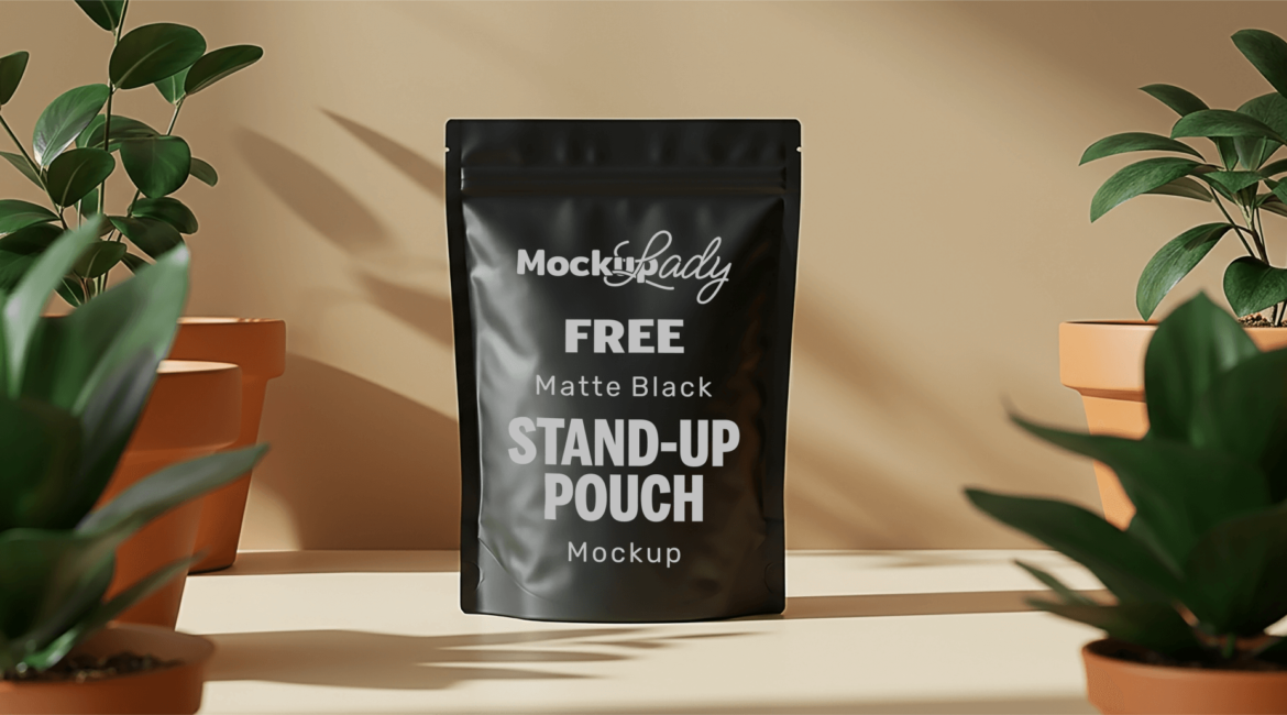 FREE Matte Black Stand-Up Pouch Mockup