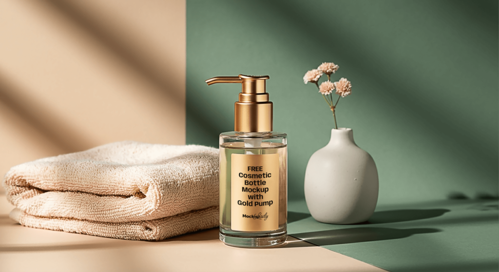 FREE Cosmetic Bottle Mockup with Gold Pump