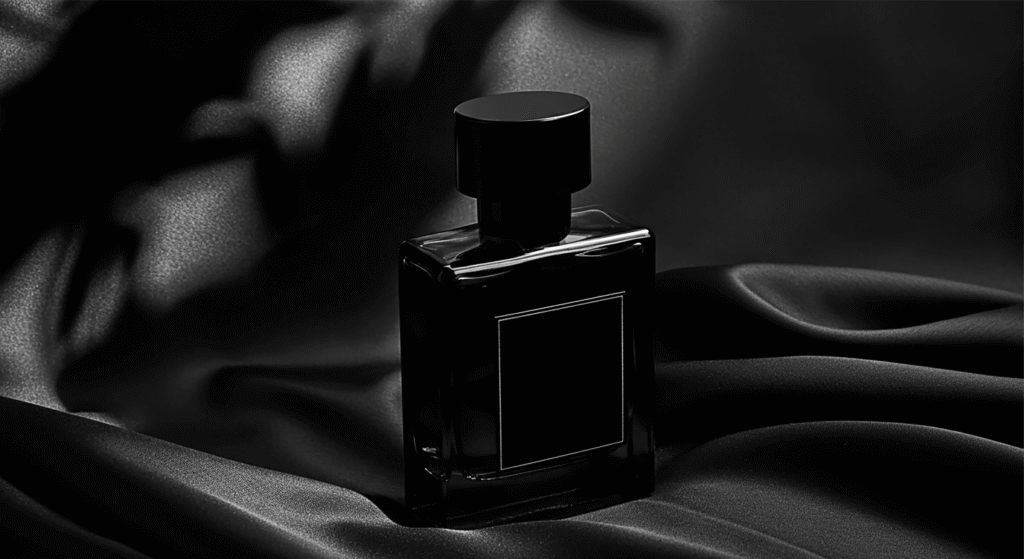 FREE Black Perfume Bottle Mockup on Elegant Satin Background