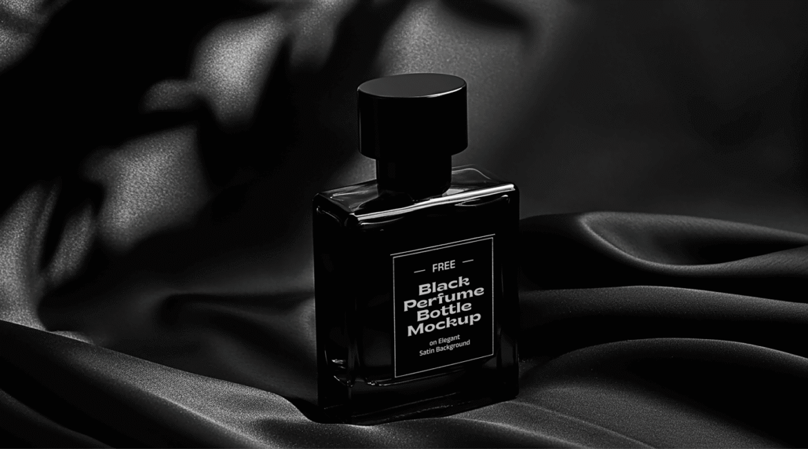 FREE Black Perfume Bottle Mockup on Elegant Satin Background