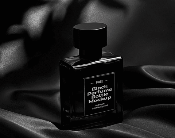FREE Black Perfume Bottle Mockup on Elegant Satin Background