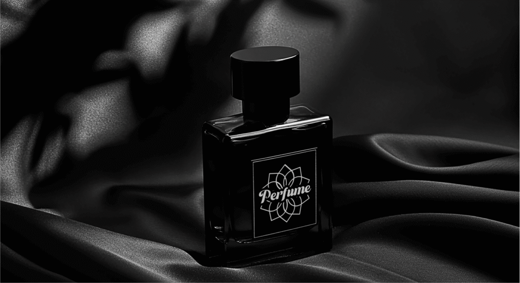 FREE Black Perfume Bottle Mockup on Elegant Satin Background