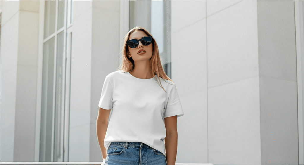 FREE Female White T-Shirt Mockup in Urban Setting