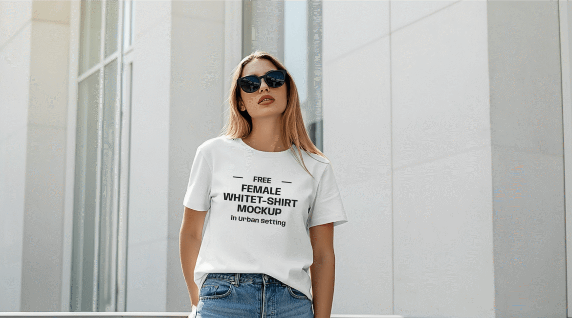 FREE Female White T-Shirt Mockup in Urban Setting