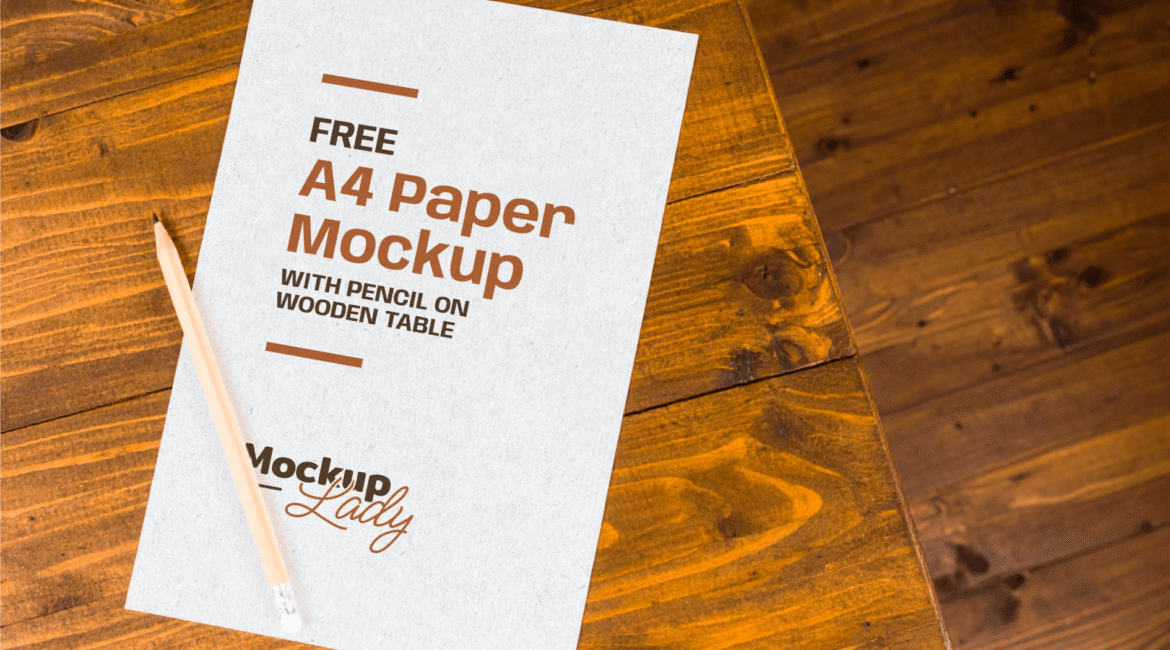 FREE A4 Paper Mockup with Pencil on Wooden Table