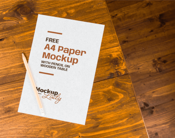 FREE A4 Paper Mockup with Pencil on Wooden Table
