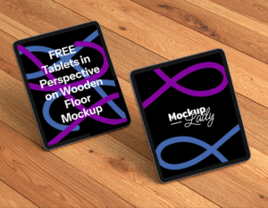 FREE Tablets in Perspective on Wooden Floor Mockup