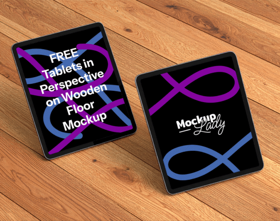 FREE Tablets in Perspective on Wooden Floor Mockup
