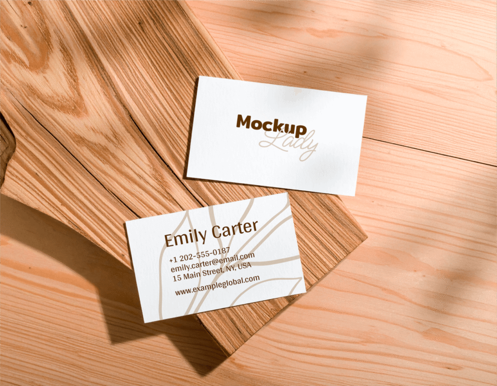 FREE Business Cards Mockup on Wooden Surface

